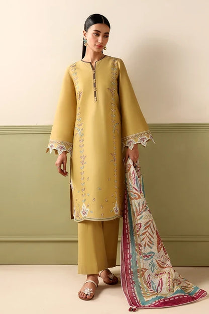 3 Piece Unstitched Fully Embroidered Dhanak Dress With Printed Blended Shawl