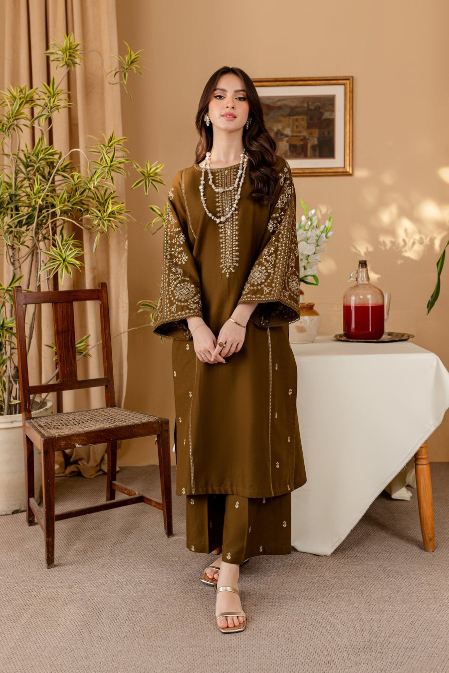 Embroidered Dhanak 2 Piece Shirt With Dyed Trouser - Motif