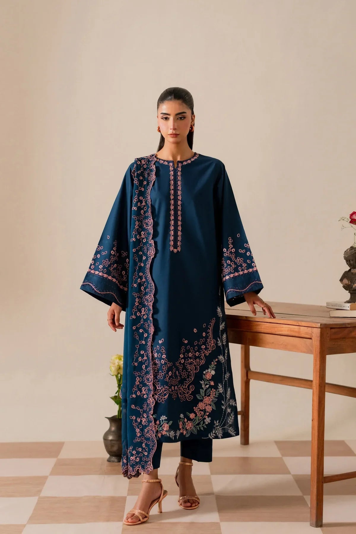 3 Piece Unstitched Fully Embroidered Dhanak Dress With Chicken Kari Embroidery Dupatta