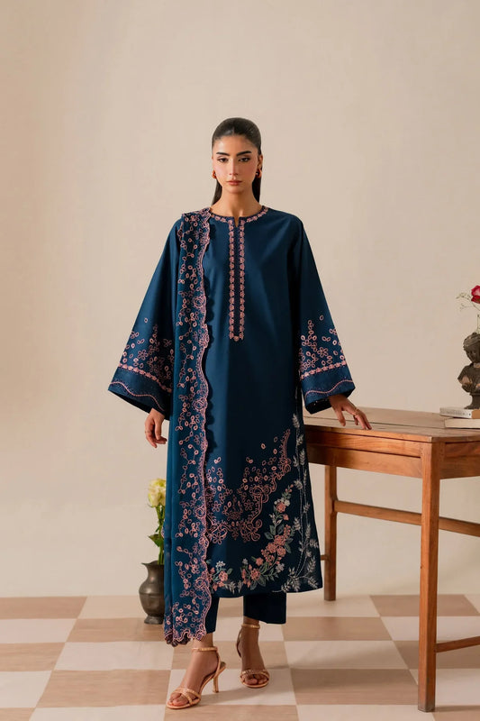3 Piece Unstitched Fully Embroidered Dhanak Dress With Chicken Kari Embroidery Dupatta