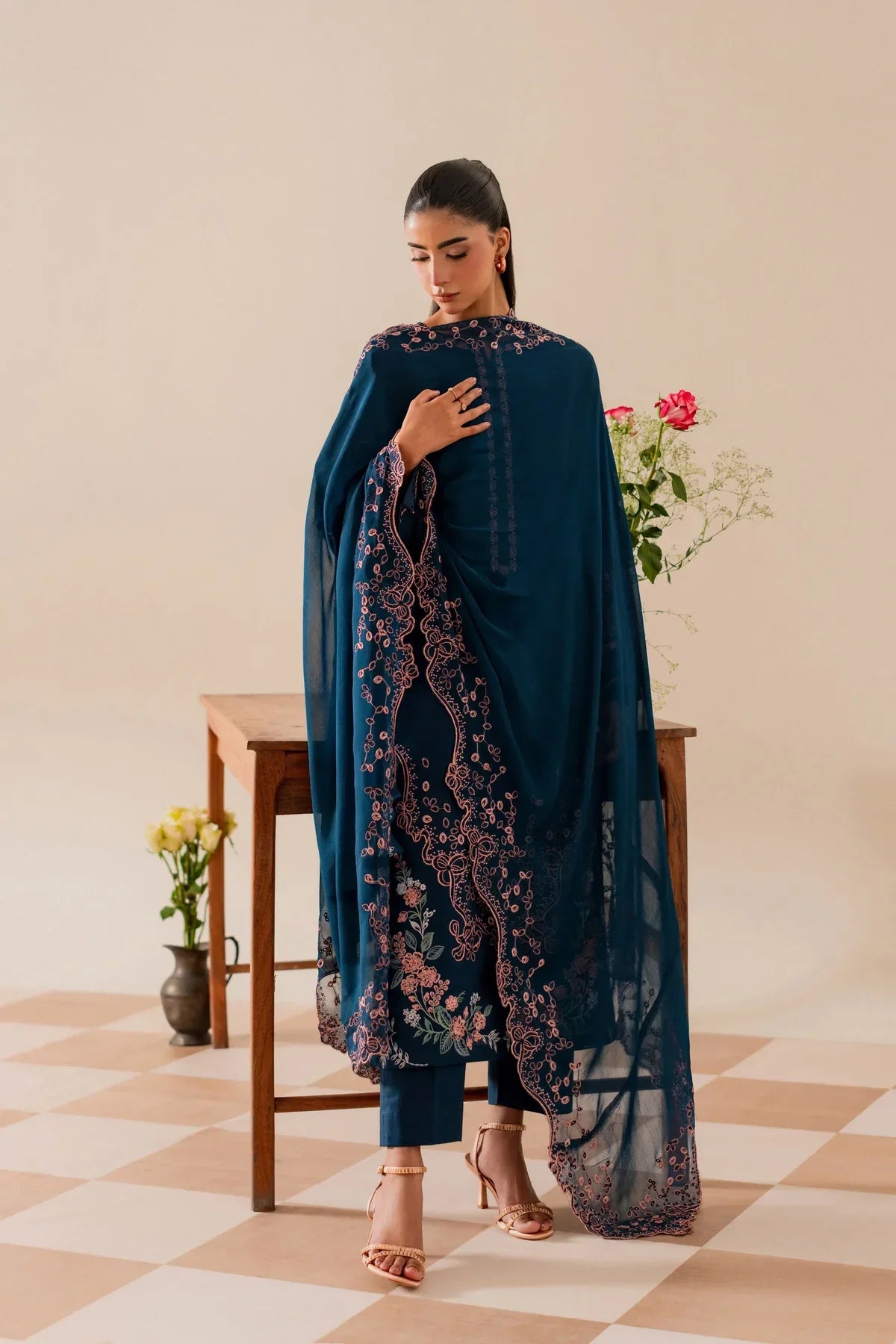 3 Piece Unstitched Fully Embroidered Dhanak Dress With Chicken Kari Embroidery Dupatta