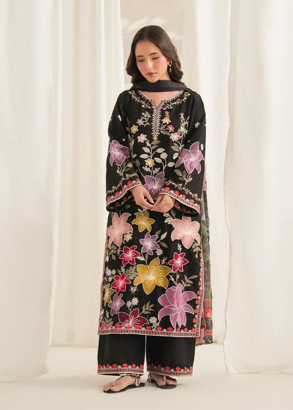 Unstitched 3 Piece Fully Embroridered Dhanak Dress With Printed Blended Shawl
