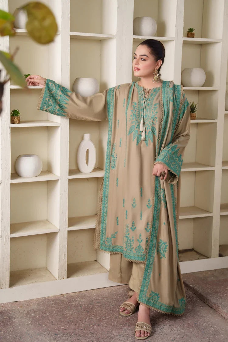 Unstitched 3 Piece Full Emboridered Dhanak Dress With Emboridered Dhanak Shawl