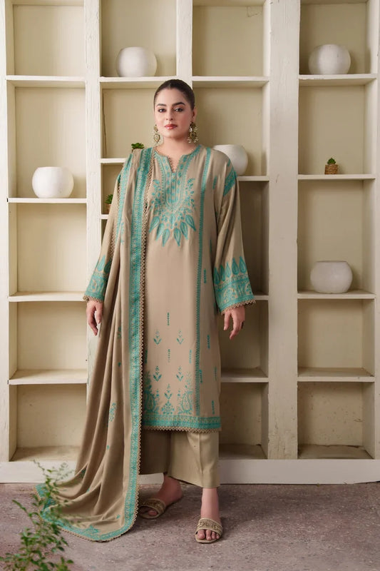 Unstitched 3 Piece Full Emboridered Dhanak Dress With Emboridered Dhanak Shawl
