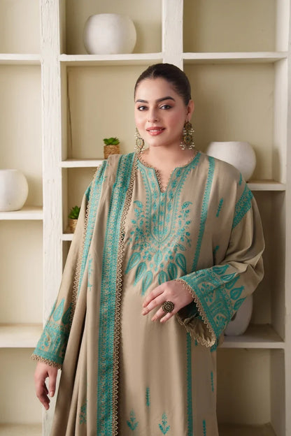 Unstitched 3 Piece Full Emboridered Dhanak Dress With Emboridered Dhanak Shawl