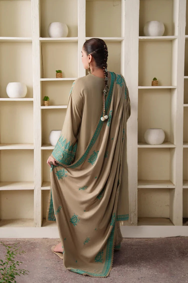 Unstitched 3 Piece Full Emboridered Dhanak Dress With Emboridered Dhanak Shawl