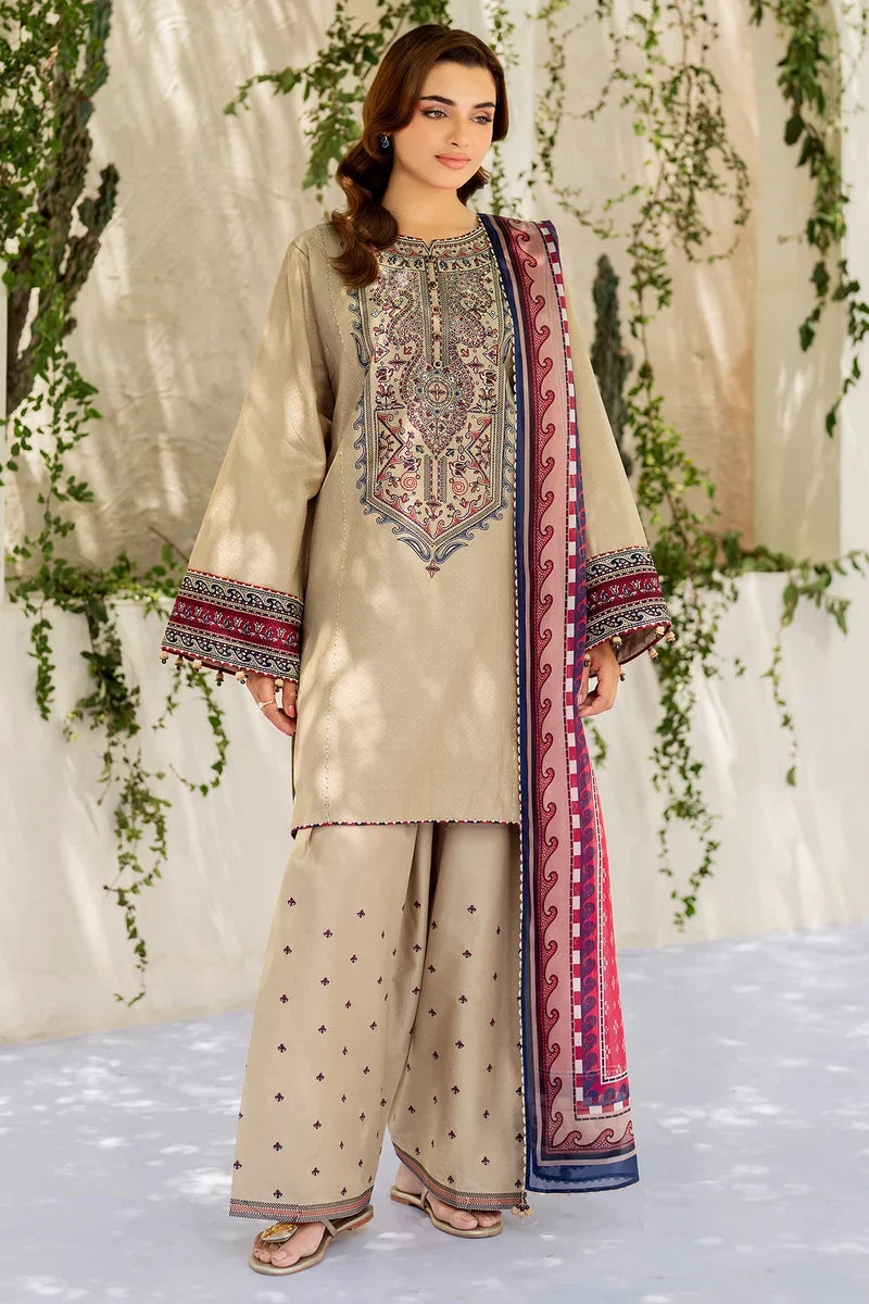 3 Piece Unstitched Fully Embroidered Dhanak Dress With Printed Blended Shawl