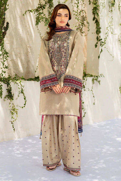 3 Piece Unstitched Fully Embroidered Dhanak Dress With Printed Blended Shawl