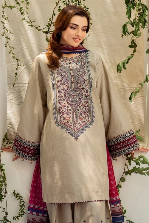 3 Piece Unstitched Fully Embroidered Dhanak Dress With Printed Blended Shawl