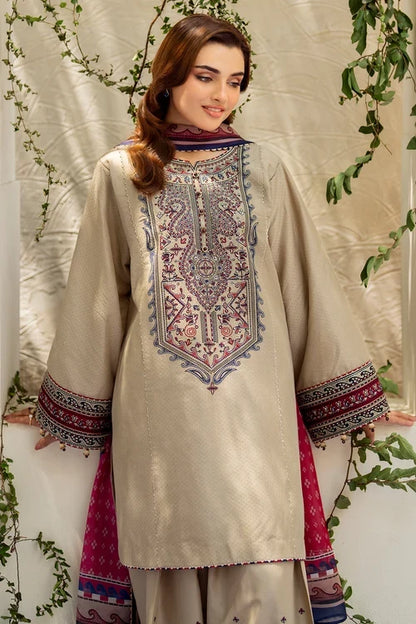 3 Piece Unstitched Fully Embroidered Dhanak Dress With Printed Blended Shawl