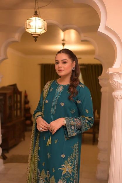 Unstitched 3 Piece Fully Embroidered Dhanak Suit With Printed Blended Shawl