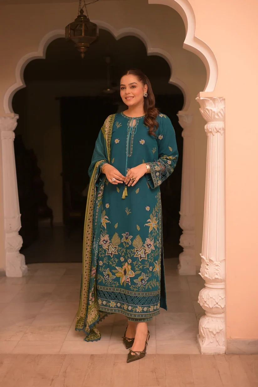 Unstitched 3 Piece Fully Embroidered Dhanak Suit With Printed Blended Shawl
