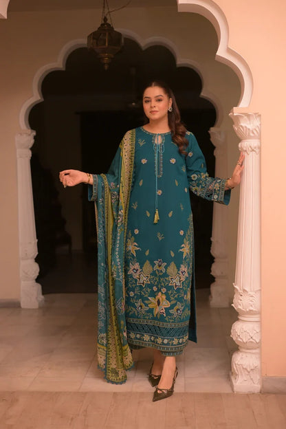 Unstitched 3 Piece Fully Embroidered Dhanak Suit With Printed Blended Shawl