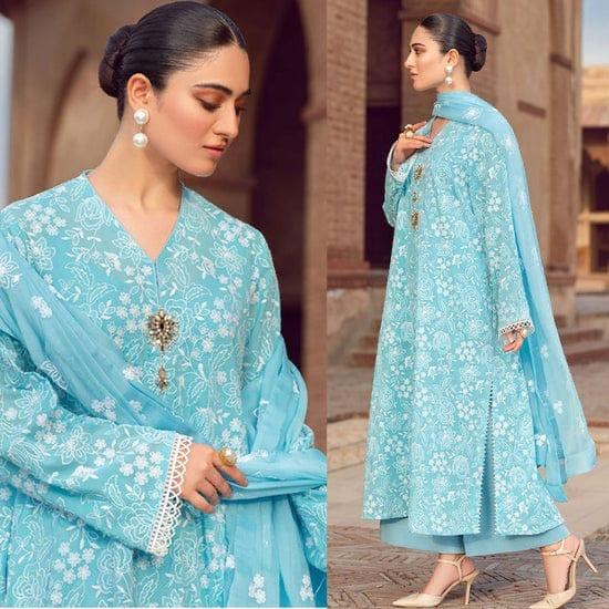 3 Piece Unstitched Heavy Embroidered Lawn Suit ( Fully Embroidered Chiffon Dupatta ) - Motif