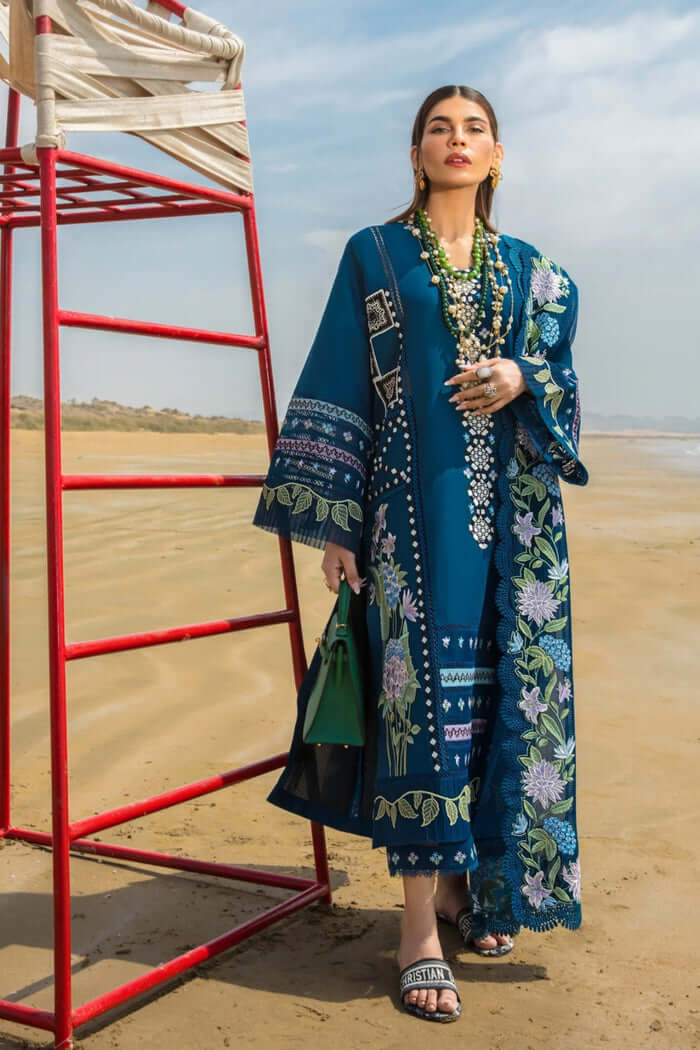 3 Piece Unstitched Heavy Embroidered Lawn Suit ( Four Sided Embroidered Organza Dupatta ) - Motif