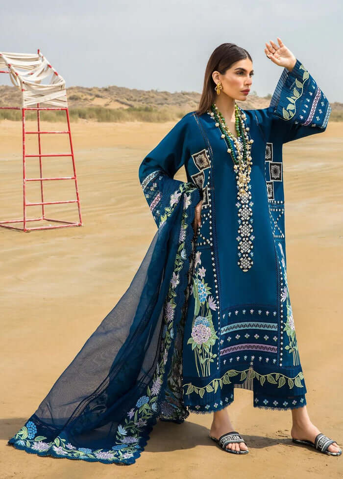 3 Piece Unstitched Heavy Embroidered Lawn Suit ( Four Sided Embroidered Organza Dupatta ) - Motif