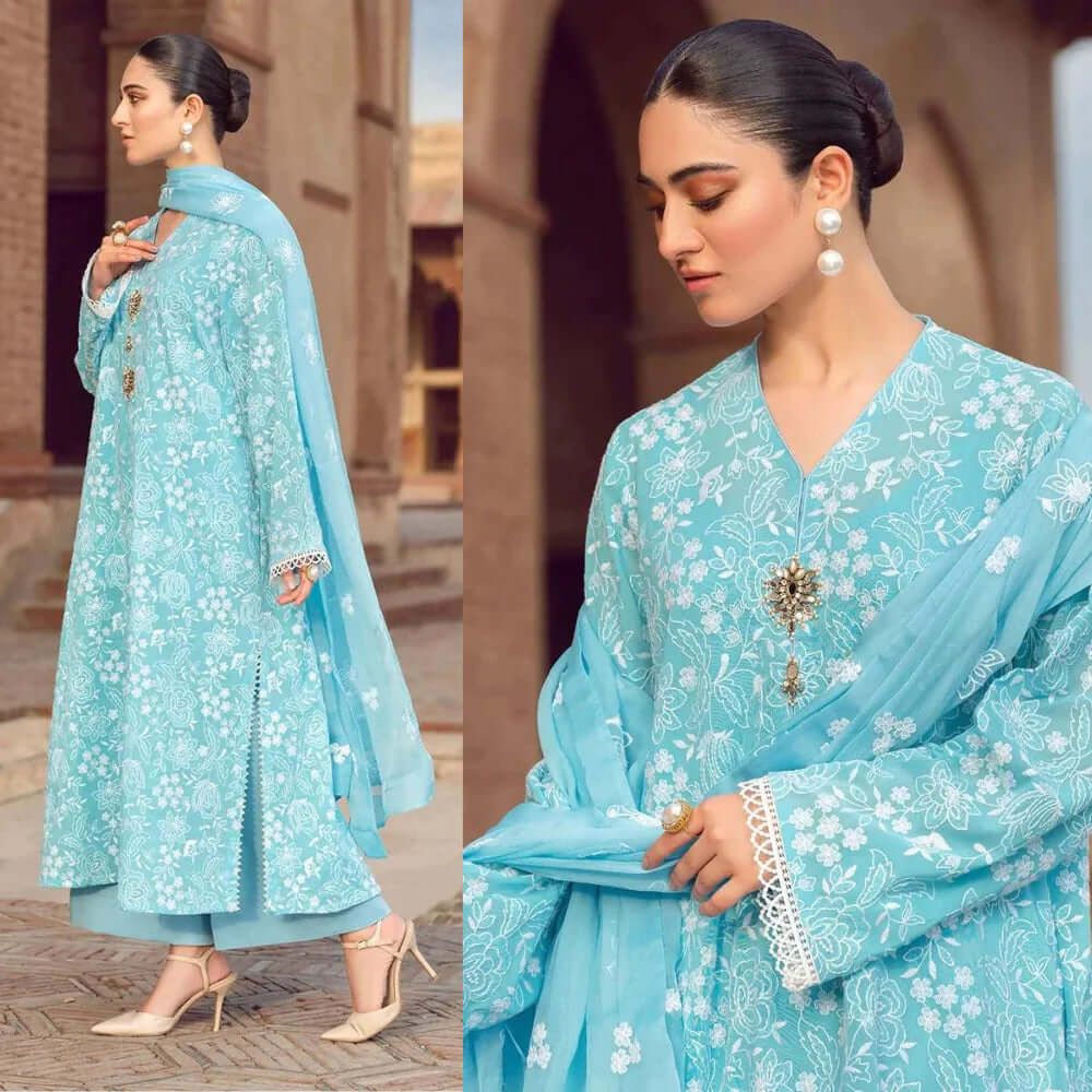 3 Piece Unstitched Heavy Embroidered Lawn Suit ( Fully Embroidered Chiffon Dupatta ) - Motif