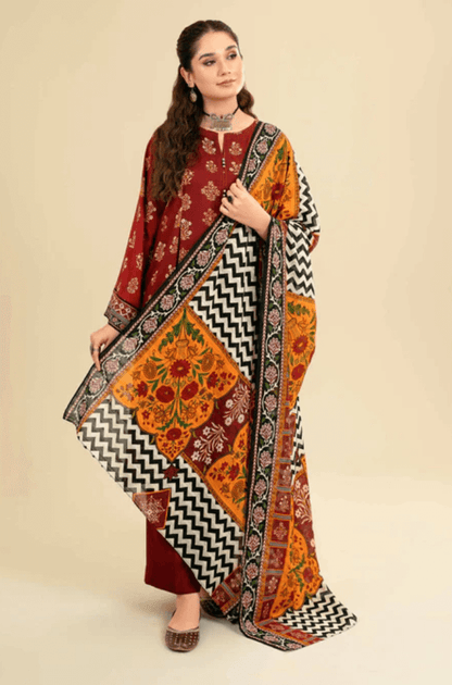 3 Piece Unstitched Heavy Embroidered Lawn Suit ( Printed Fine Silk Dupatta ) - Motif