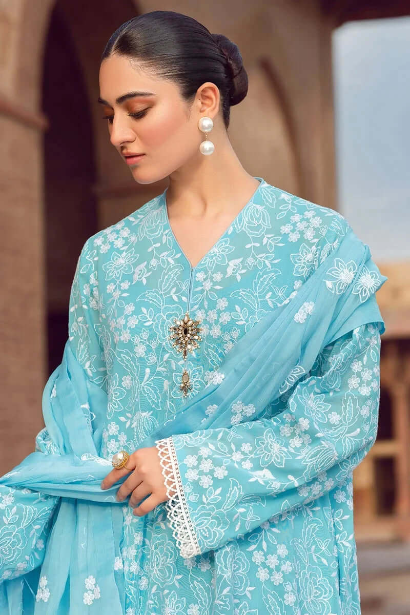 3 Piece Unstitched Heavy Embroidered Lawn Suit ( Fully Embroidered Chiffon Dupatta ) - Motif