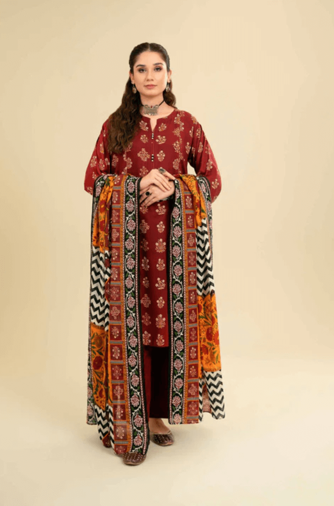 3 Piece Unstitched Heavy Embroidered Lawn Suit ( Printed Fine Silk Dupatta ) - Motif