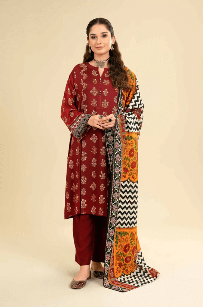 3 Piece Unstitched Heavy Embroidered Lawn Suit ( Printed Fine Silk Dupatta ) - Motif