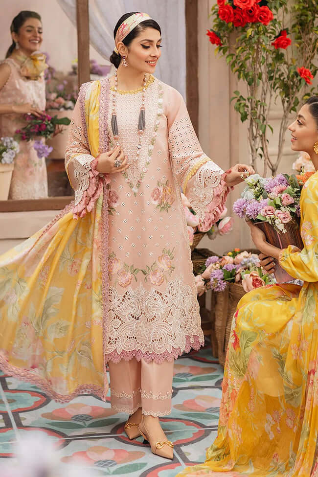 3 Piece Unstitched Heavy Embroidered Chickan Kari Lawn Suit ( Printed Silk Dupatta ) - Motif