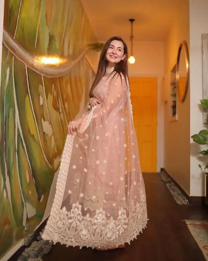 3 Piece Unstitched Heavy Embroidered Lawn Suit ( Fully Embroidered Organza Dupatta ) - Motif