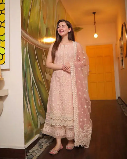 3 Piece Unstitched Heavy Embroidered Lawn Suit ( Fully Embroidered Organza Dupatta ) - Motif