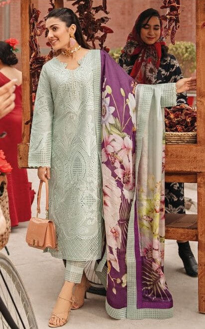 3 Piece Unstitched Heavy Embroidered Chickan Kari Lawn Suit ( Printed Silk Dupatta ) - Motif