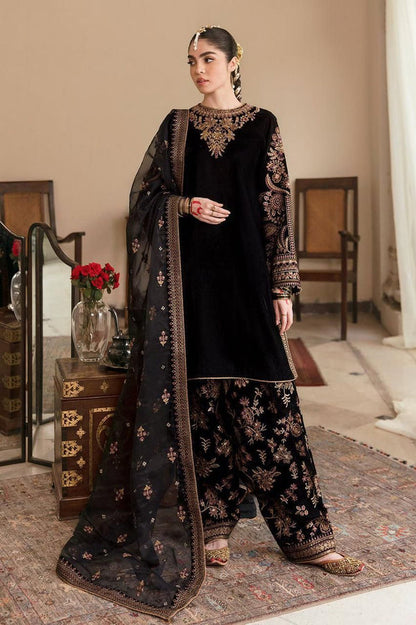 3 Piece Unstitched Heavy Embroidered Velvet Suit ( Four Sided Embroidered Organza Dupatta ) - Motif