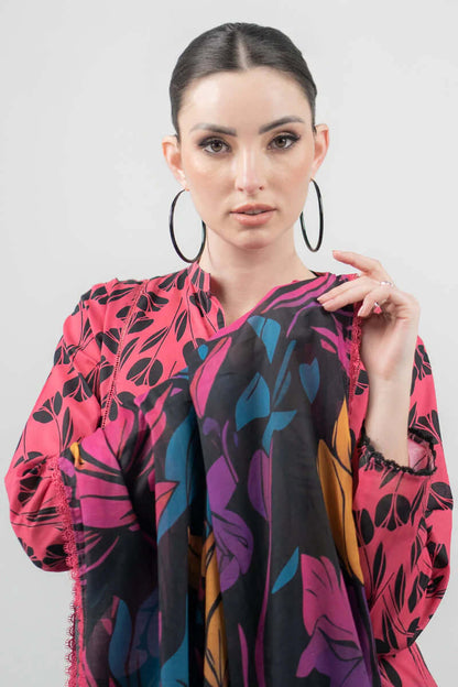 3 Piece Unstitched Digital Printed Lawn Suit ( Fine Printed Silk Dupatta ) - Motif