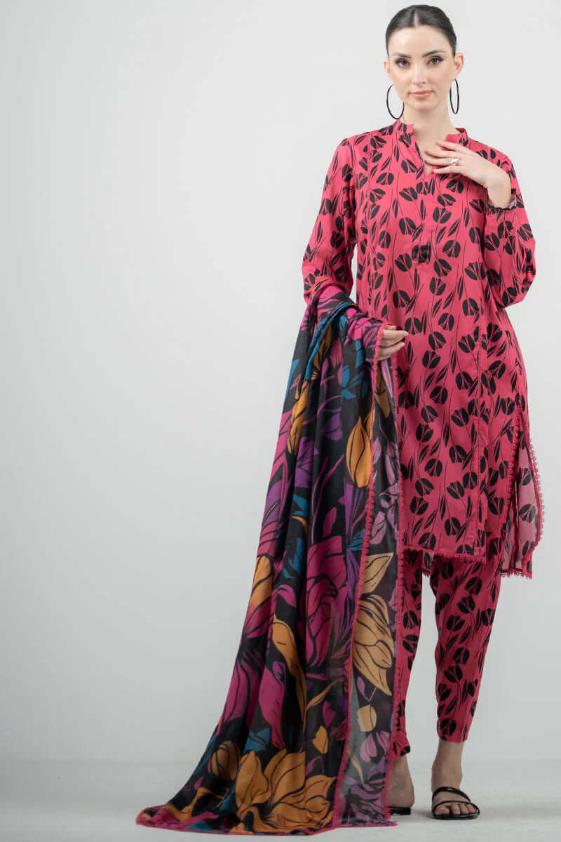 3 Piece Unstitched Digital Printed Lawn Suit ( Fine Printed Silk Dupatta ) - Motif