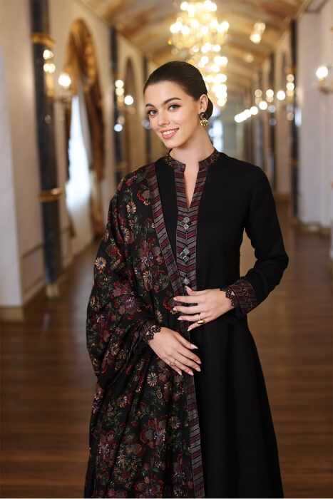 3 Piece Unstitched Heavy Embroidered Dhanak Suit with Heavy Embroidered Dhanak Wool Shawl - Motif