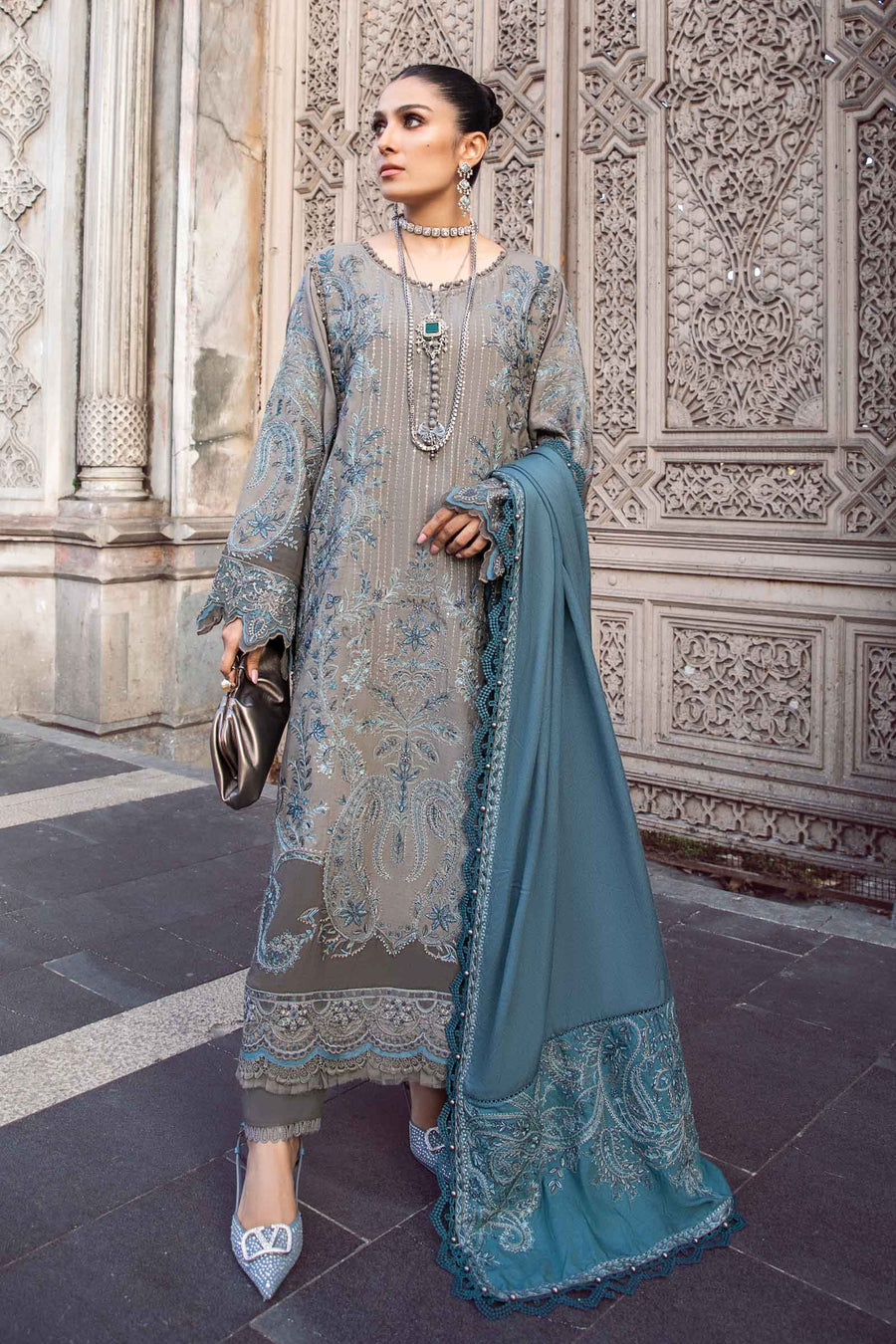 3 Piece Unstitched Heavy Embroidered Dhanak Suit with Heavy Embroidered Dhanak Wool Shawl - Motif