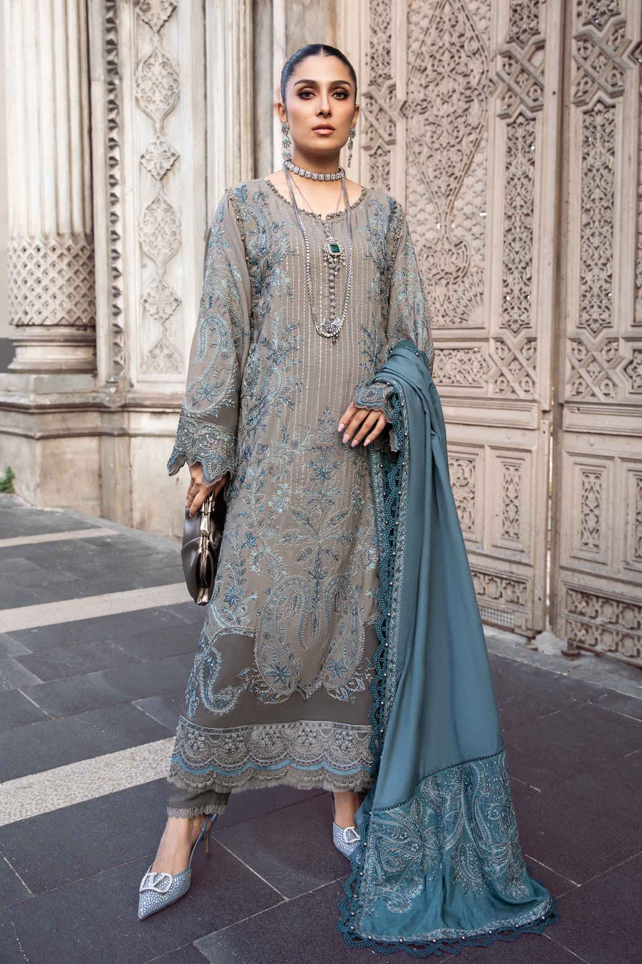 3 Piece Unstitched Heavy Embroidered Dhanak Suit with Heavy Embroidered Dhanak Wool Shawl - Motif