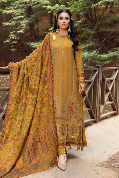 3 Piece Unstitched Fully Embroidered Dhanak Dress With Printed Blended Shawl
