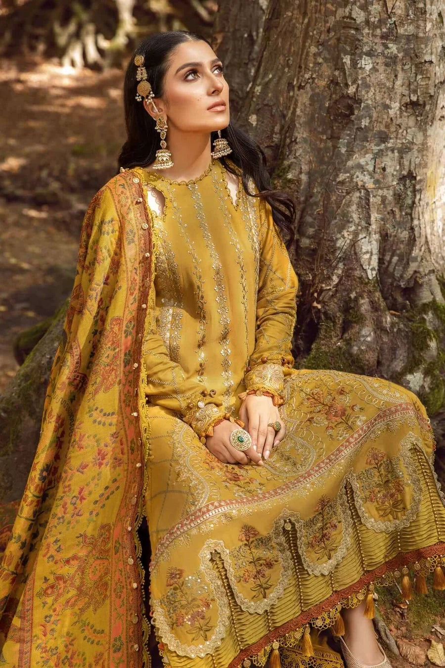 3 Piece Unstitched Fully Embroidered Dhanak Dress With Printed Blended Shawl