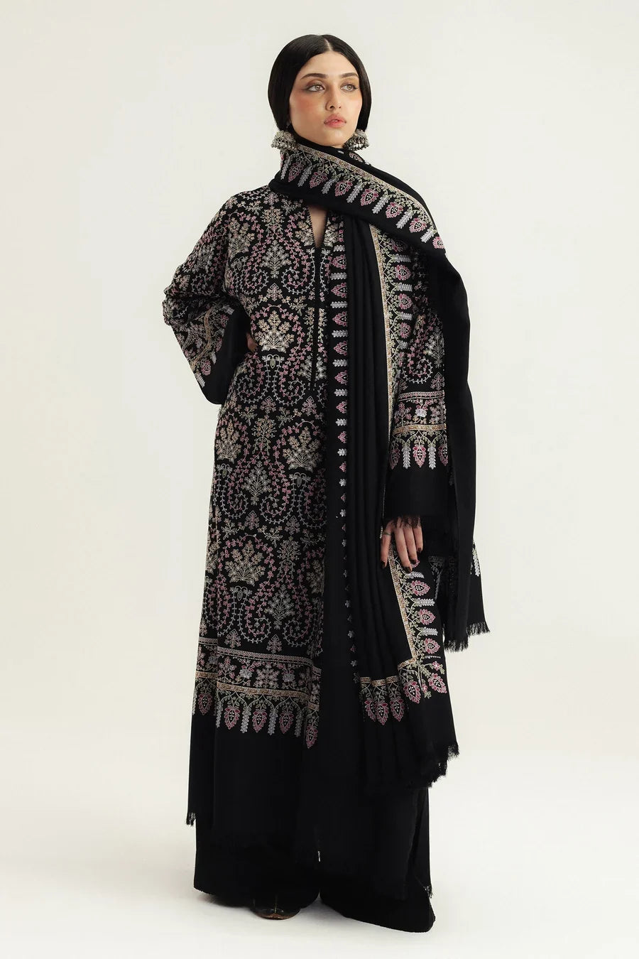 3 Piece Unstitched Fully Embroidered Dhanak Dress With Embroidered Dhanak Shawl