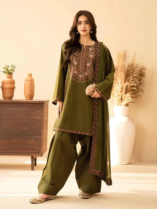 3 Piece Unstitched Embroidered Dhanak Fabric With Dhanak Shawl