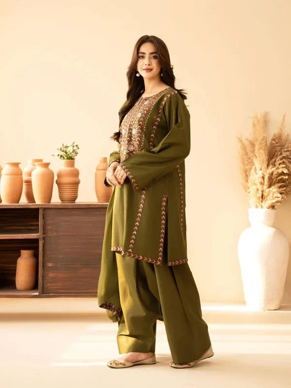 BT 2960 - 3 Piece Unstitched Embroidered Dhanak Fabric With Dhanak Shawl