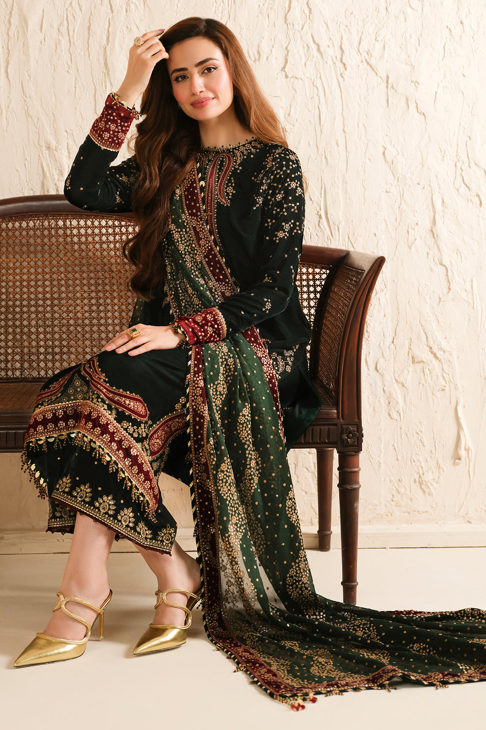 3 Piece Unstitched Embroidered Velvet Shirt and Trouser With Chiffon Dupatta