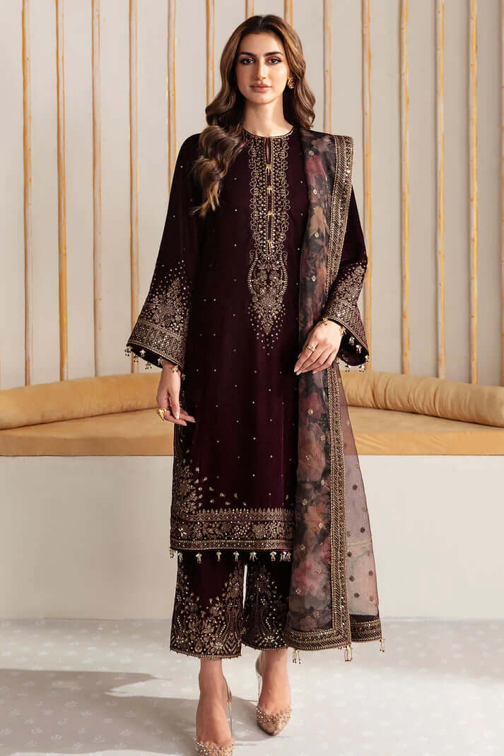 3 Piece Unstitched Heavy Embroidered Velvet Suit with Digital Printed Organza Dupatta - Motif