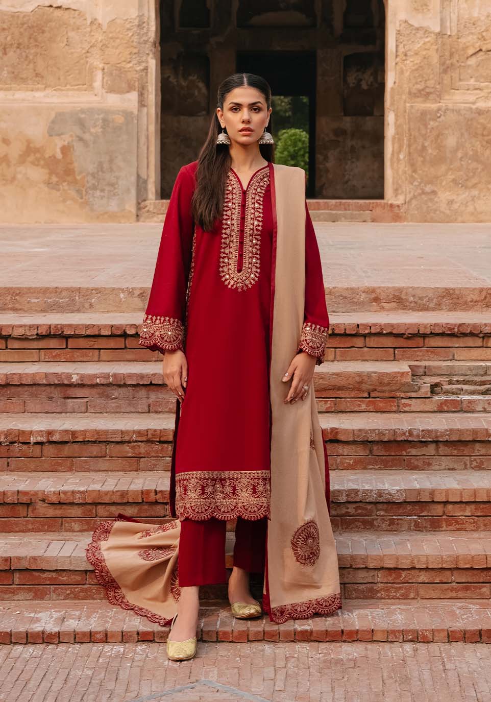 3 Piece Unstitched Heavy Embroidered Dhanak Suit with Embroidered Dhanak Wool Shawl - Motif