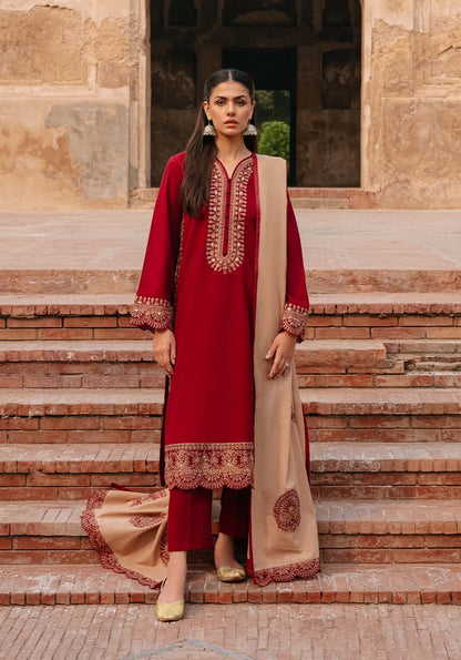 3 Piece Unstitched Heavy Embroidered Dhanak Suit with Embroidered Dhanak Wool Shawl - Motif