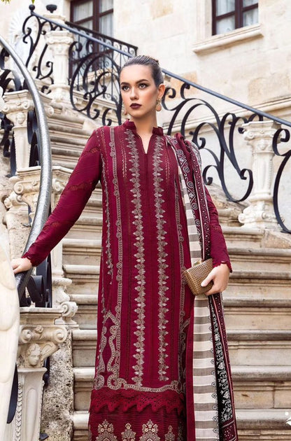3 Piece Unstitched Heavy Embroidered Dhanak Suit with Dhanak Printed Wool Shawl - Motif
