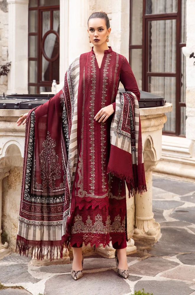 3 Piece Unstitched Heavy Embroidered Dhanak Suit with Dhanak Printed Wool Shawl - Motif