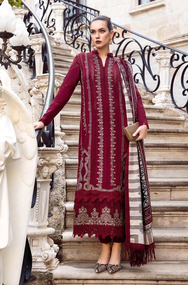 3 Piece Unstitched Heavy Embroidered Dhanak Suit with Dhanak Printed Wool Shawl - Motif