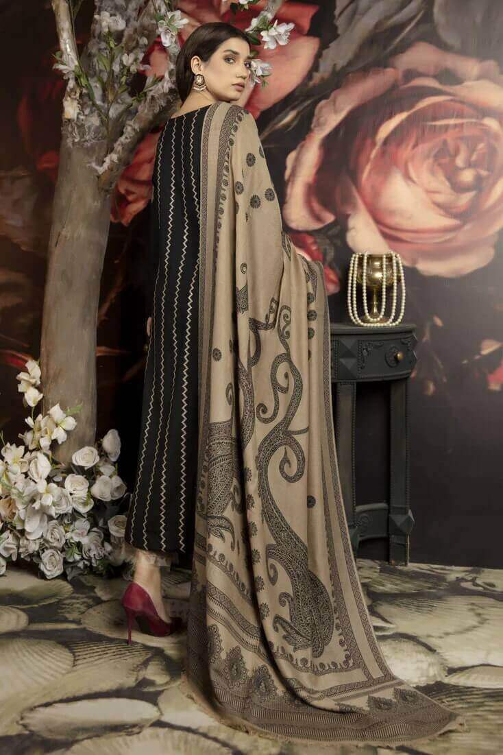 3 Piece Unstitched Heavy Embroidered Dhanak Suit (Printed Woolen Dupatta) - Motif