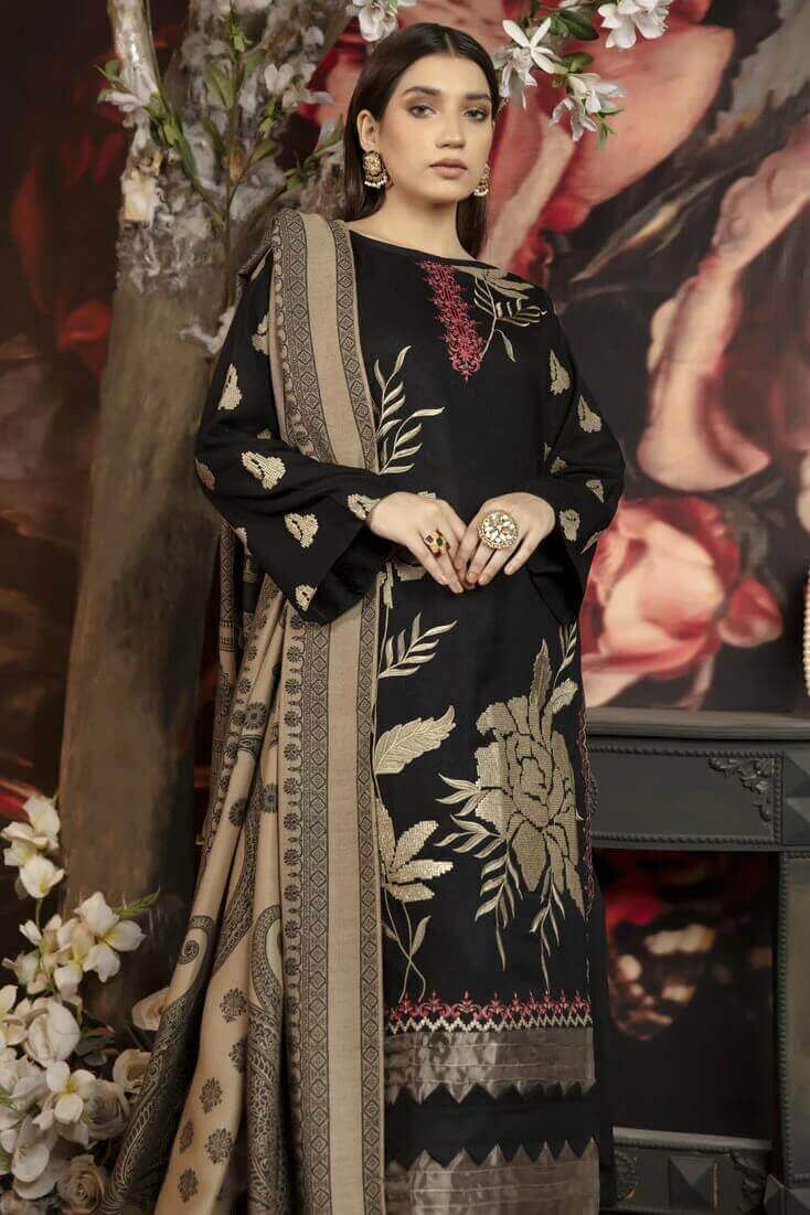 3 Piece Unstitched Heavy Embroidered Dhanak Suit (Printed Woolen Dupatta) - Motif