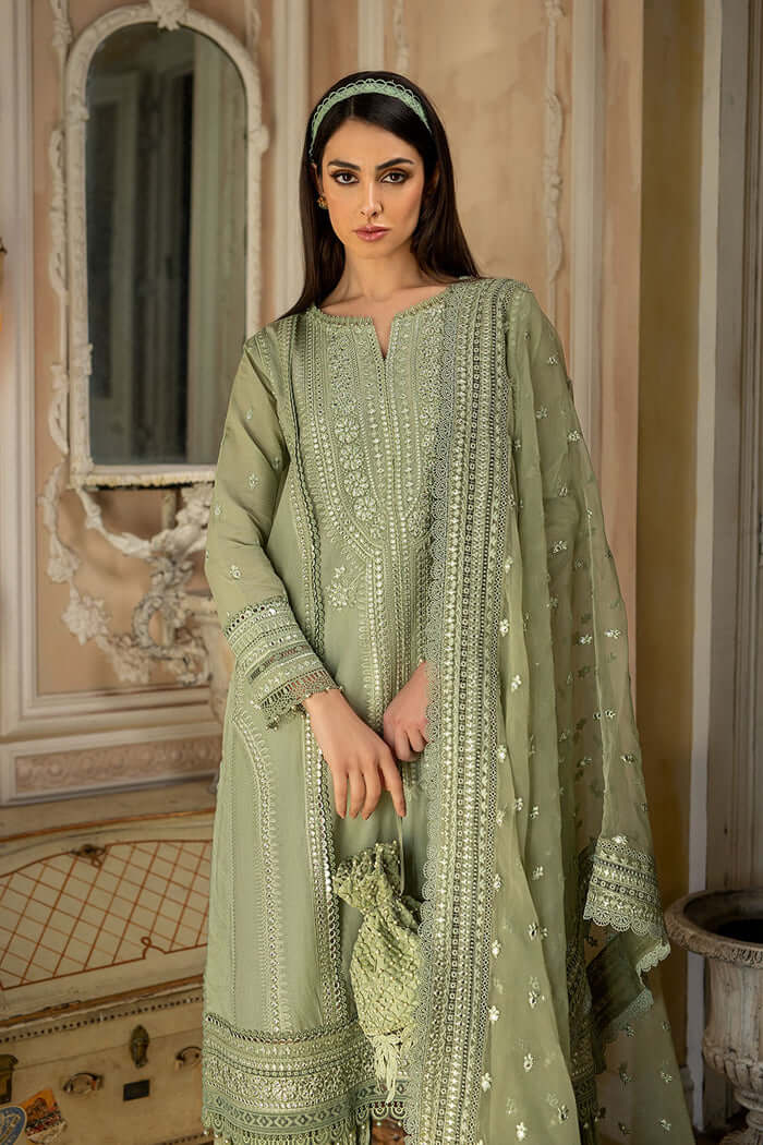 3 Piece Unstitched Heavy Embroidered Lawn Suit ( Full Embroidered Organza Dupatta ) - Motif